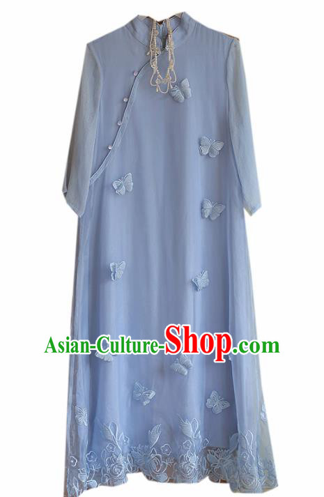 Chinese Classical National Blue Butterfly Cheongsam Traditional Tang Suit Qipao Dress for Women Chinese Classical National Blue Butterfly Cheongsam Traditional Tang Suit Qipao Dress for Women