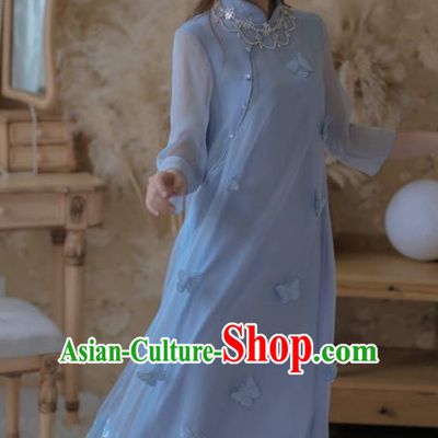 Chinese Classical National Blue Butterfly Cheongsam Traditional Tang Suit Qipao Dress for Women