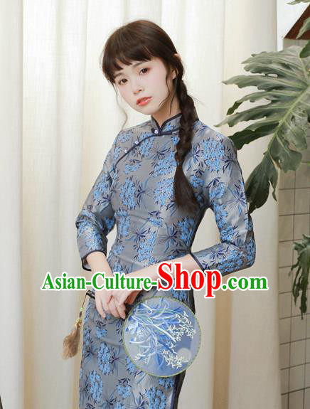 Chinese National Printing Grey Cheongsam Traditional Classical Tang Suit Qipao Dress for Women Chinese National Printing Grey Cheongsam Traditional Classical Tang Suit Qipao Dress for Women