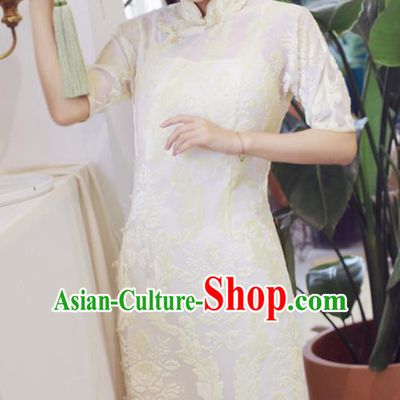 Traditional Chinese National Embroidered White Cheongsam Classical Tang Suit Qipao Dress for Women