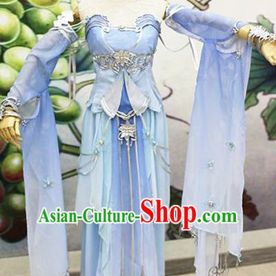 Chinese Traditional Cosplay Swordswoman Costume Ancient Peri Princess Blue Hanfu Dress for Women