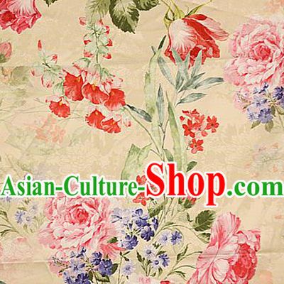 Chinese Traditional Fabric Classical Peony Pattern Design Yellow Brocade Cheongsam Satin Material Silk Fabric