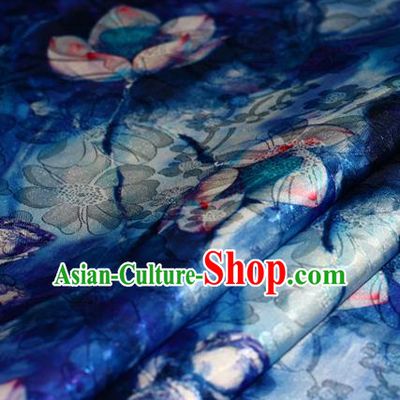 Chinese Traditional Hanfu Royal Printing Lotus Pattern Blue Brocade Material Cheongsam Classical Fabric Satin Silk Fabric