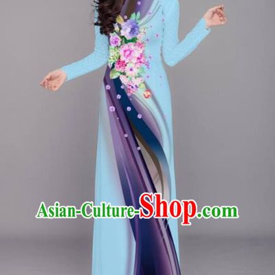 Vietnam Traditional Printing Flowers Blue Aodai Cheongsam Asian Costume Vietnamese Bride Classical Qipao Dress for Women