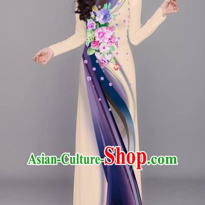 Vietnam Traditional Printing Flowers Beige Aodai Cheongsam Asian Costume Vietnamese Bride Classical Qipao Dress for Women