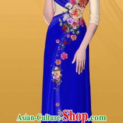 Vietnam Traditional Printing Roses Royalblue Aodai Cheongsam Asian Costume Vietnamese Bride Classical Qipao Dress for Women