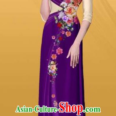 Vietnam Traditional Printing Roses Purple Aodai Cheongsam Asian Costume Vietnamese Bride Classical Qipao Dress for Women