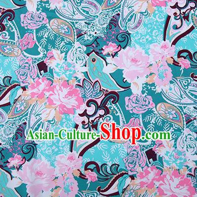 Chinese Traditional Fabric Cheongsam Printing Peony Green Brocade Material Hanfu Classical Satin Silk Fabric