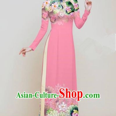 Vietnam Traditional Costume Printing Lotus Pink Aodai Cheongsam Asian Vietnamese Bride Classical Qipao Dress for Women