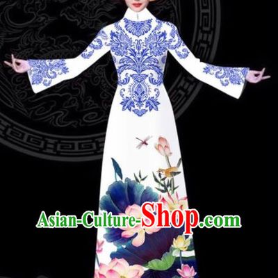 Vietnam Traditional Court Printing Lotus White Aodai Cheongsam Asian Vietnamese Queen Classical Qipao Dress for Women