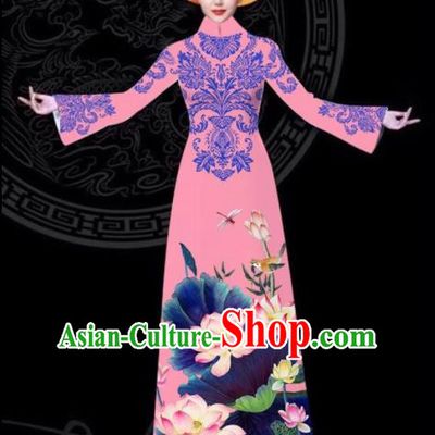 Vietnam Traditional Court Printing Lotus Pink Aodai Cheongsam Asian Vietnamese Queen Classical Qipao Dress for Women