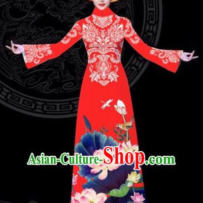 Vietnam Traditional Court Printing Lotus Red Aodai Cheongsam Asian Vietnamese Queen Classical Qipao Dress for Women