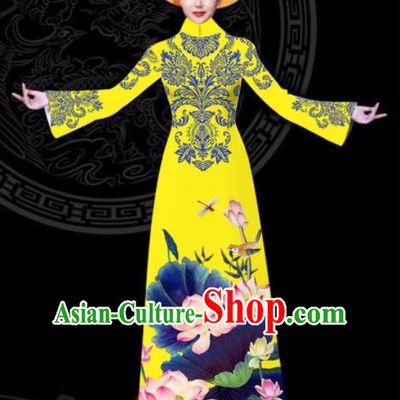 Vietnam Traditional Court Printing Lotus Yellow Aodai Cheongsam Asian Vietnamese Queen Classical Qipao Dress for Women