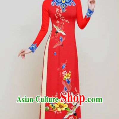 Vietnam Traditional Wedding Printing Flowers Cranes Red Aodai Cheongsam Asian Vietnamese Bride Classical Qipao Dress for Women