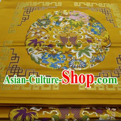 Chinese Traditional Tang Suit Golden Brocade Royal Double Fishes Pattern Satin Fabric Material Classical Silk Fabric