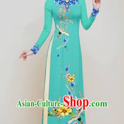 Vietnam Traditional Wedding Printing Flowers Cranes Green Aodai Cheongsam Asian Vietnamese Bride Classical Qipao Dress for Women