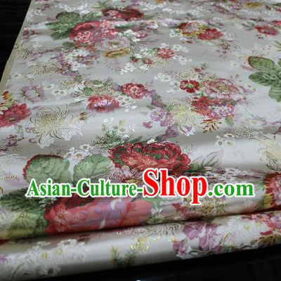 Chinese Traditional Fabric Royal Peony Pattern White Brocade Material Hanfu Classical Satin Silk Fabric