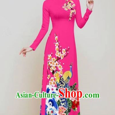 Vietnam Traditional Printing Peacock Peony Rosy Aodai Cheongsam Asian Vietnamese Bride Classical Qipao Dress for Women