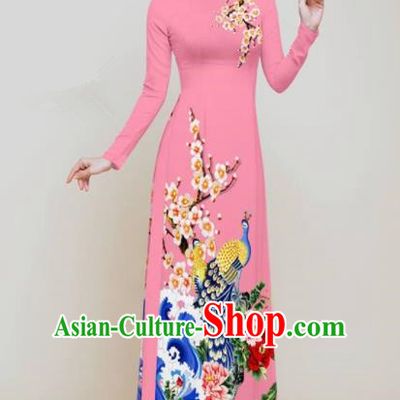 Vietnam Traditional Printing Peacock Peony Pink Aodai Cheongsam Asian Vietnamese Bride Classical Qipao Dress for Women
