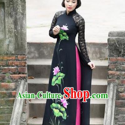 Vietnam Traditional Printing Lotus Black Aodai Cheongsam Asian Vietnamese Bride Classical Qipao Dress for Women