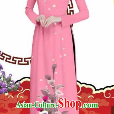 Vietnam Traditional Printing Alocasia Pink Aodai Qipao Dress Asian Vietnamese Bride Classical Cheongsam for Women