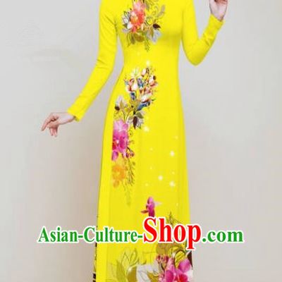 Vietnam Traditional Printing Flowers Yellow Aodai Qipao Dress Asian Vietnamese Bride Classical Cheongsam for Women