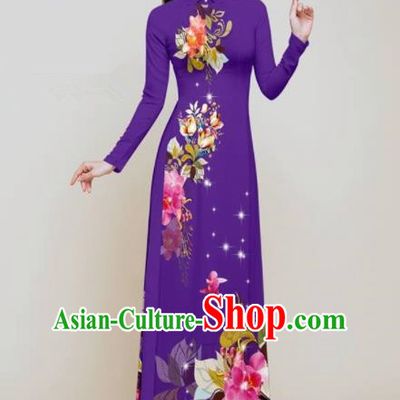 Vietnam Traditional Printing Flowers Purple Aodai Qipao Dress Asian Vietnamese Bride Classical Cheongsam for Women