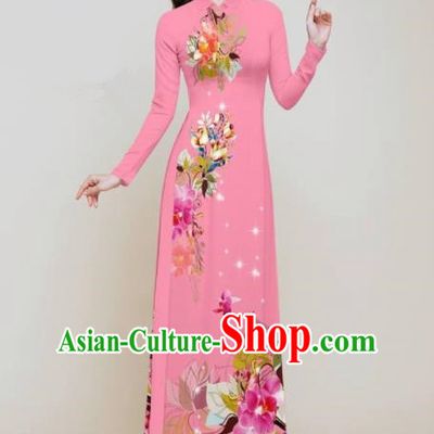 Vietnam Traditional Printing Flowers Pink Aodai Qipao Dress Asian Vietnamese Bride Classical Cheongsam for Women