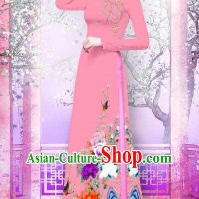 Vietnam Traditional Printing Peony Pink Ao Dai Dress Asian Vietnamese Bride Classical Cheongsam for Women