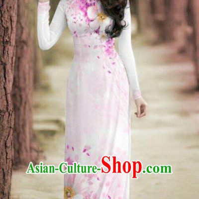 Vietnam Traditional Printing Pink Ao Dai Dress Asian Vietnamese Bride Classical Cheongsam for Women