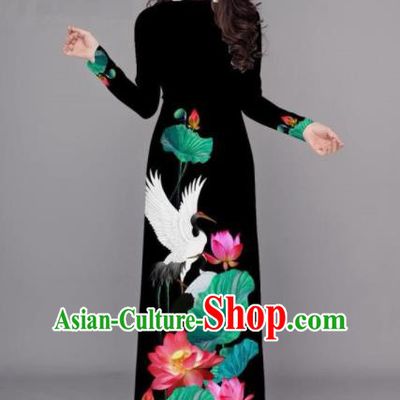 Vietnam Traditional Printing Lotus Black Ao Dai Dress Asian Vietnamese Bride Classical Cheongsam for Women
