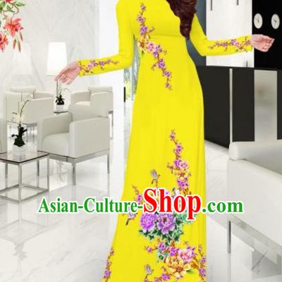 Vietnam Traditional Printing Plum Blossom Peony Yellow Ao Dai Dress Asian Vietnamese Bride Classical Cheongsam for Women