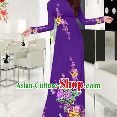 Vietnam Traditional Printing Plum Blossom Peony Purple Ao Dai Dress Asian Vietnamese Bride Classical Cheongsam for Women