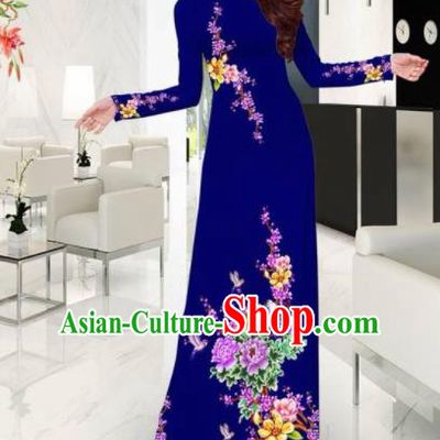 Vietnam Traditional Printing Plum Blossom Peony Navy Ao Dai Dress Asian Vietnamese Bride Classical Cheongsam for Women
