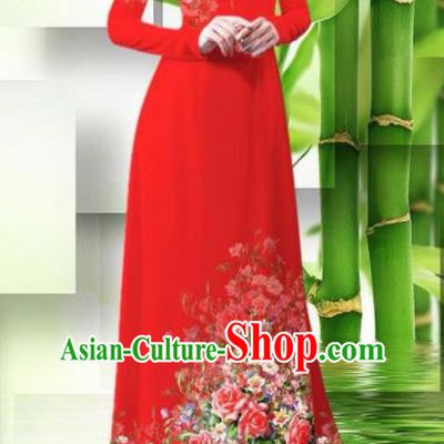 Vietnam Classical Printing Roses Red Ao Dai Dress Asian Traditional Vietnamese Bride Cheongsam for Women