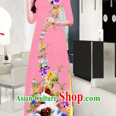 Vietnam Classical Printing Crane Pink Ao Dai Dress Asian Traditional Vietnamese Bride Cheongsam for Women