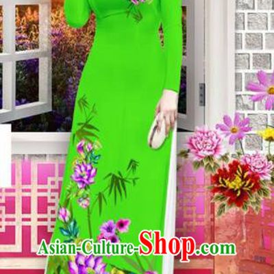 Vietnam Classical Printing Bamboo Lotus Green Ao Dai Dress Asian Traditional Vietnamese Bride Cheongsam for Women