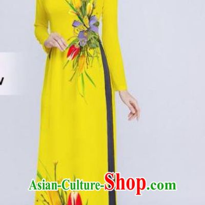 Vietnam Classical Printing Tulip Yellow Ao Dai Dress Asian Traditional Vietnamese Bride Cheongsam for Women