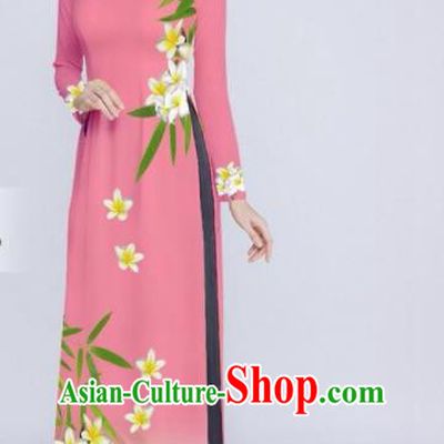Vietnam Classical Printing Pink Ao Dai Dress Asian Traditional Vietnamese Bride Cheongsam for Women