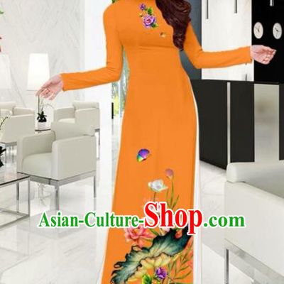 Vietnam National Costume Classical Printing Lotus Orange Ao Dai Dress Asian Traditional Vietnamese Cheongsam for Women