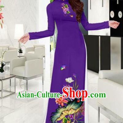 Vietnam National Costume Classical Printing Lotus Purple Ao Dai Dress Asian Traditional Vietnamese Cheongsam for Women