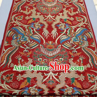 Asian Chinese Traditional Tang Suit Royal Dragon Phoenix Pattern Red Brocade Satin Fabric Material Classical Silk Fabric