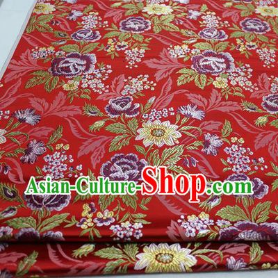 Asian Chinese Traditional Tang Suit Royal Peony Flowers Pattern Red Brocade Satin Fabric Material Classical Silk Fabric