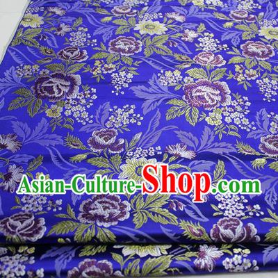 Asian Chinese Traditional Tang Suit Royal Peony Flowers Pattern Royalblue Brocade Satin Fabric Material Classical Silk Fabric