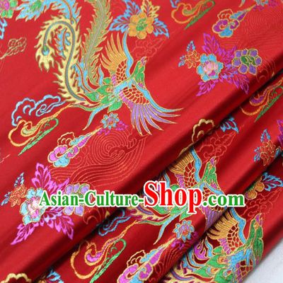 Asian Chinese Traditional Classical Phoenix Peony Pattern Red Brocade Tang Suit Satin Fabric Material Classical Silk Fabric