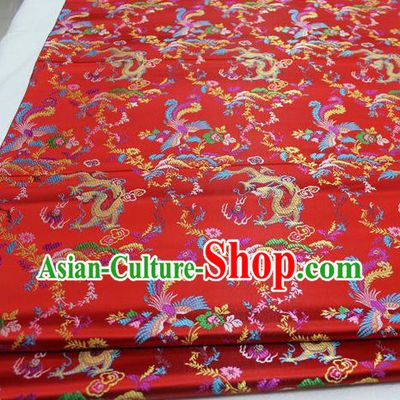 Asian Chinese Traditional Classical Dragon Phoenix Pattern Red Brocade Tang Suit Satin Fabric Material Classical Silk Fabric