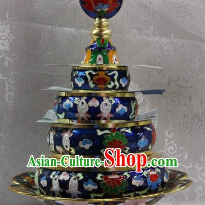 Chinese Traditional Buddhism Brass Cloisonne Blue Tray Feng Shui Items Vajrayana Buddhist Teaboard Decoration