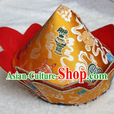 Chinese Traditional Buddhist Golden Brocade Hat Tibetan Buddhism Hutukta Hat