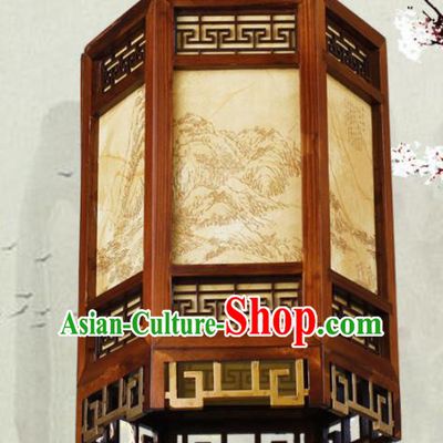 Chinese Traditional Printing Landscape Wood Palace Lantern Handmade New Year Hanging Lanterns Ceiling Lamp