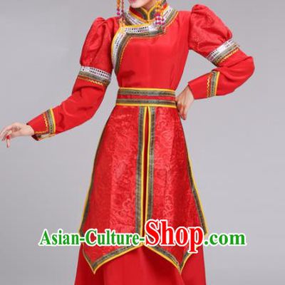 Chinese Mongolian Ethnic Folk Dance Red Dress Traditional Mongol Nationality Princess Costume for Women